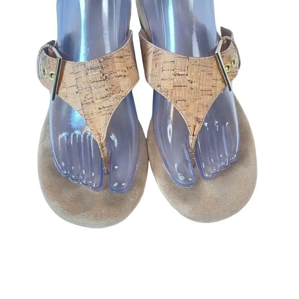Aerosoles Tan Cork Wedge Sandals Women 10 Flower Thong Slide Comfort Summer